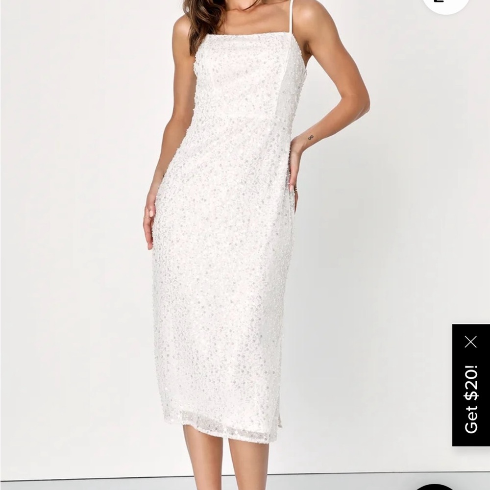 Luxury White Sequin Pearl Midi Dress